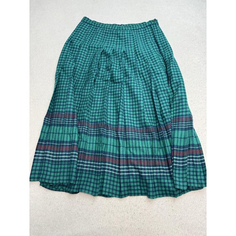 Vintage Pendleton Skirt Women's 14 Green Plaid Wool Pleated Midi Made In USA
